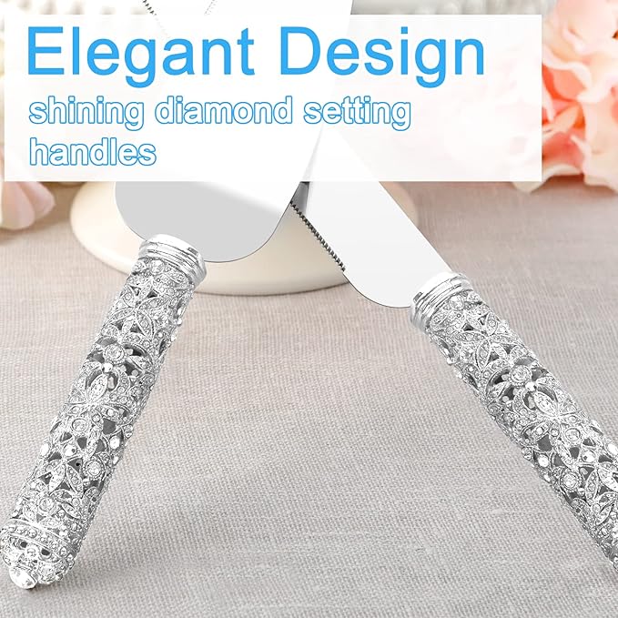 Wedding Cake Knife and Server Set - 2 Piece Dessert Set Metal Handle with Crystal Stones Decoration