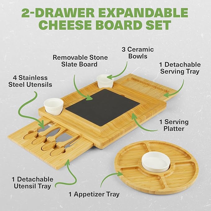 Charcuterie Board Gift Set, Expandable Bamboo Cheese Board with Stainless Steel Serving Utensils