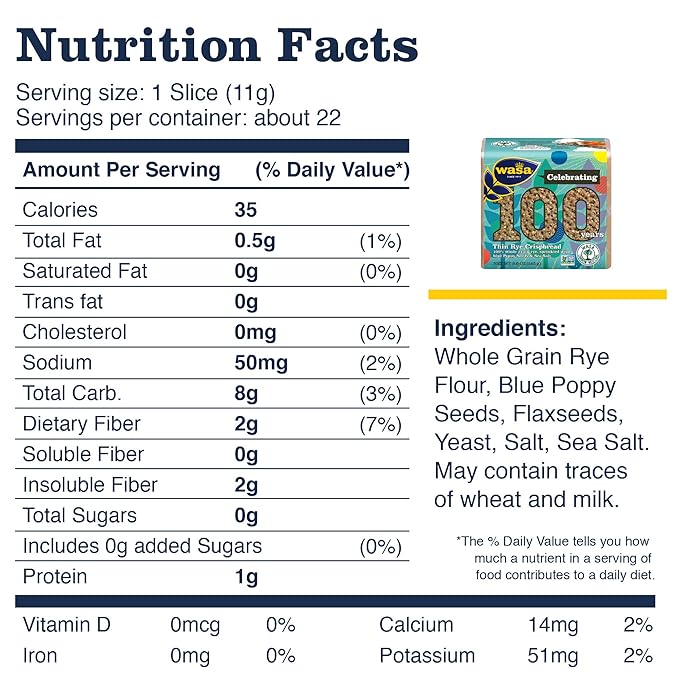WASA Thin Rye Swedish Crispbread, 8.6 oz, Non-GMO Project Verified Rye Crackers, No Saturated Fat
