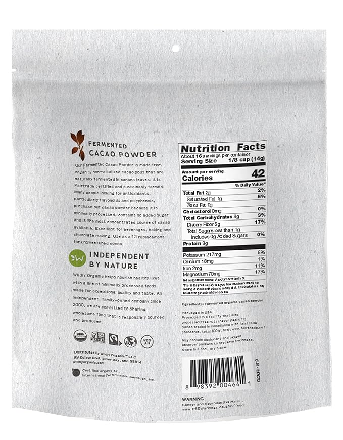 Wildly Organic Fermented Cacao Powder 8 Oz Bag - Organic, Non-Alkalized, Minimally Processed, Raw