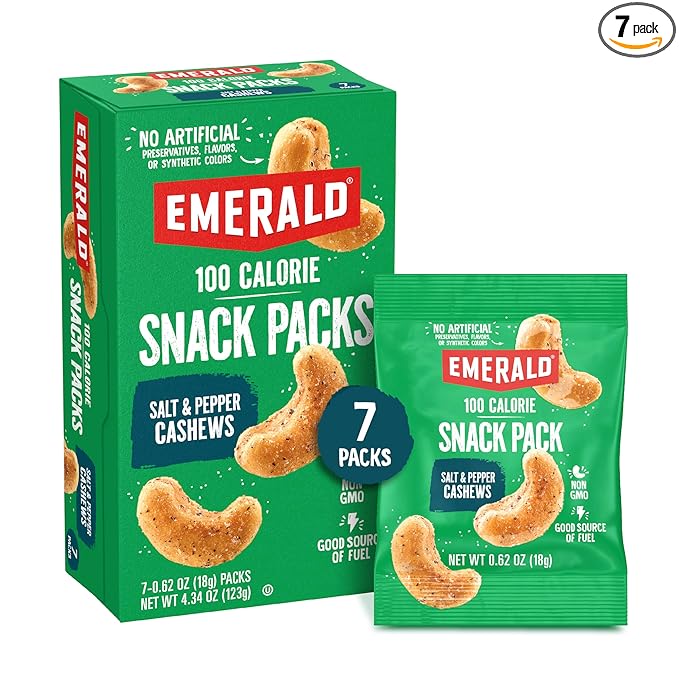 Emerald Nuts Salt and Pepper Seasoned Cashews 7ct (1-Pack), 100-Calorie Individual Packs, Kosher