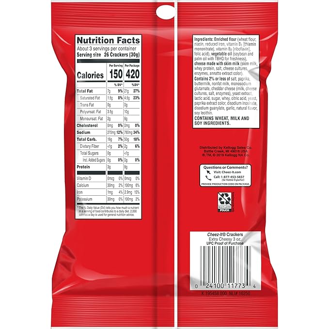 Cheez-It Cheese Crackers, Baked Snack Crackers, Lunch Snacks, Grab n' Go, Extra Cheesy, 6.75lb Case