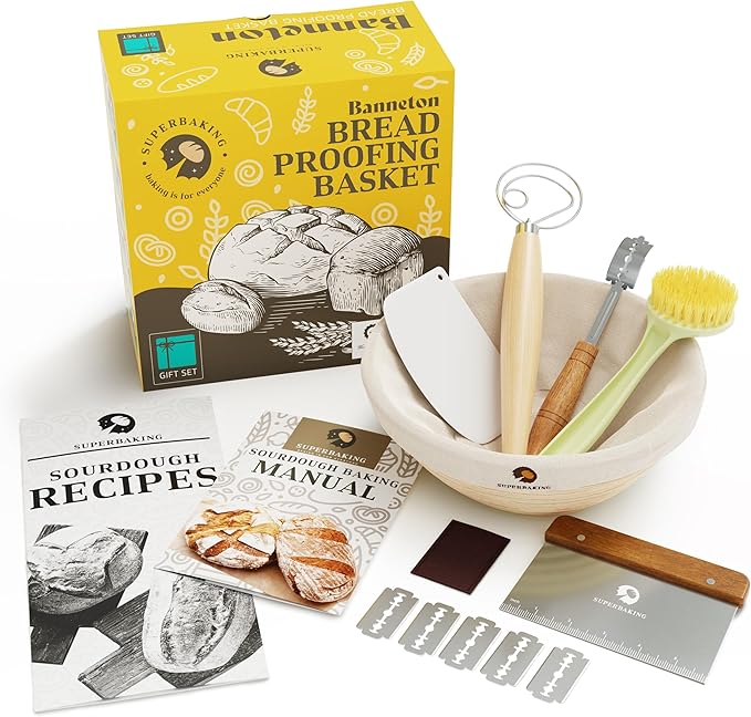 Superbaking 9' Round Banneton Bread Proofing Basket Gift Set??Sourdough Starter Kit for Crusty