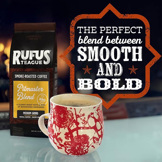 Rufus Teague Pitmaster Blend Ground Coffee, Gourmet Fresh Dark Roasted Coffee, Smoke Roasted Java