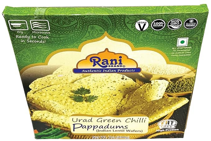 Rani Pappadums (Indian Lentil Wafer Snack) Green Chilli Papad 7oz (200g) Approximately 15pc, 7