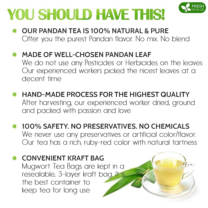 FreshDrinkUS, Premium 30 Pandan Leaf Tea Bags, 100% Natural & Pure from Pandan Leaves. Loose Leaf