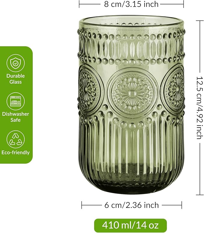 Joeyan Vintage Green Drinking Glasses Set of 4,14 oz Embossed Sunflower Beaded Highball Glass Water