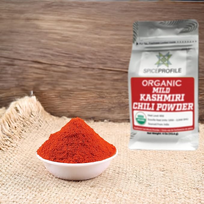 Spice Profile USDA Organic Low Heat Kashmiri Chili Powder, 4 oz, Lab Tested for Heavy Metals, Milder than Deggi Mirch Chilli, Chile rojo de Cachemira en polvo