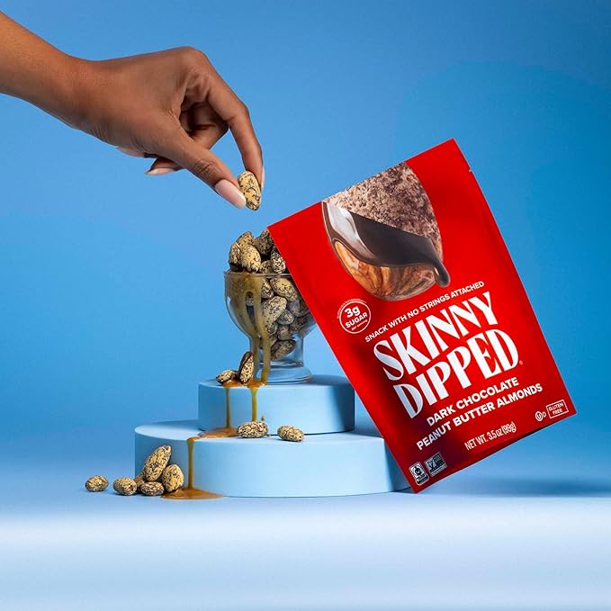 SkinnyDipped Dark Chocolate Peanut Butter Almonds, Healthy Snack, Plant Protein, Gluten Free, 3.5