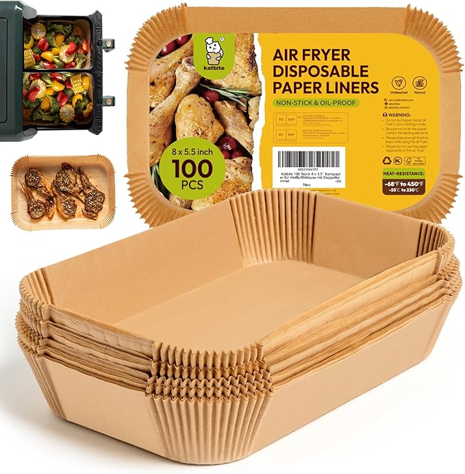 Katbite Air Fryer Liners Disposable - 100PCS, 8x5.5'' Rectangle Liners for Air Fryer Basket, Thick