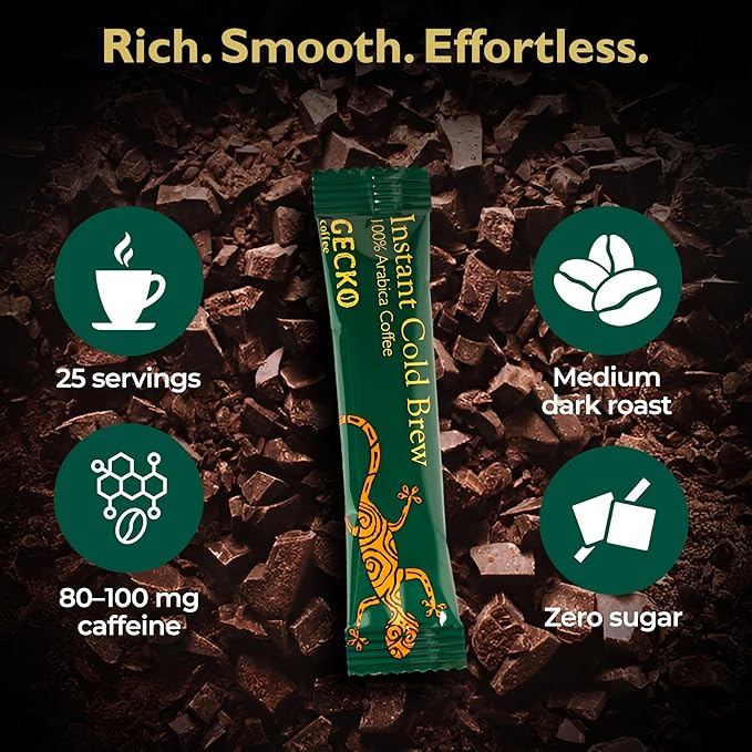 Gecko Coffee Instant Cold Brew, Craft Instant Coffee Sticks, 100% Arabica Medium-Dark Roast, Coffee