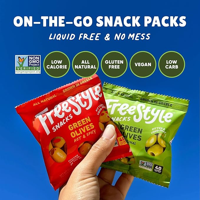 Freestyle Snacks Olive Snack Packs - Single Serve - Fresh Pitted Green Olives, Jumbo-Sized, Grown