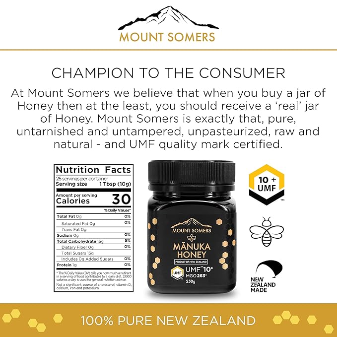 Mount Somers Premium Manuka Honey MGO 263+ / UMF 10+ - 100% Pure Non GMO New Zealand Manuka Honey