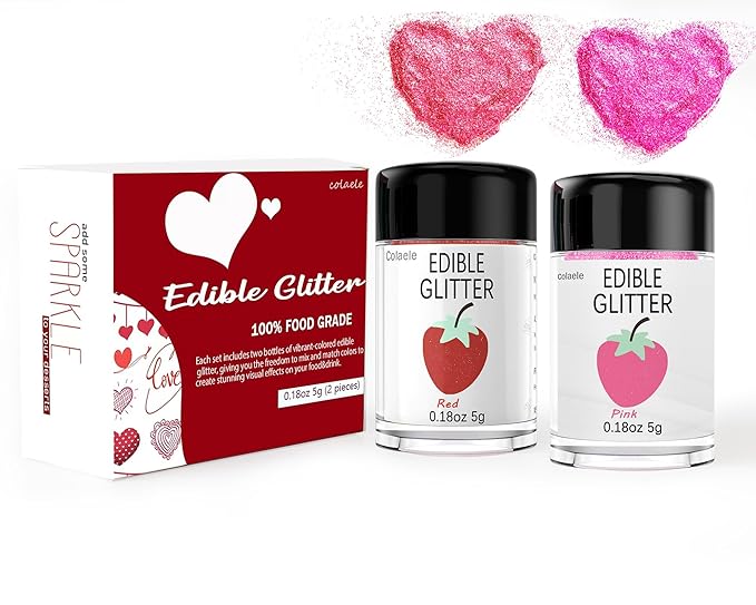 Red Pink Edible Glitter Glimmer Powder for Cakes Drinks - Valentine's Colaele 5 grams Food Grade
