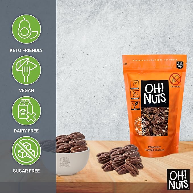 Oh! Nuts Pecans Dry Roasted Unsalted - Kosher, Oil-Free, All Natural Pecans - For Baking, Snacks