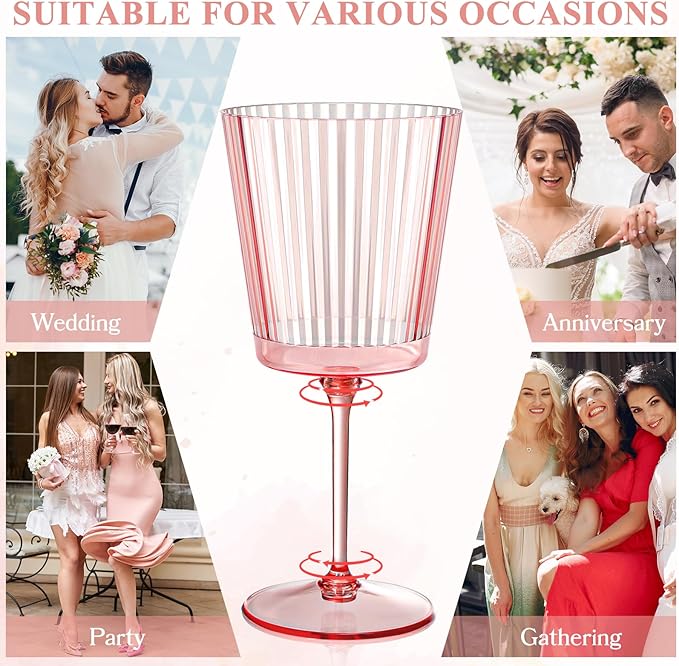 24 PCS Pink Plastic Wine Glasses with Removable Stems 13.5 OZ Ribbed Wine Glass Set Square White