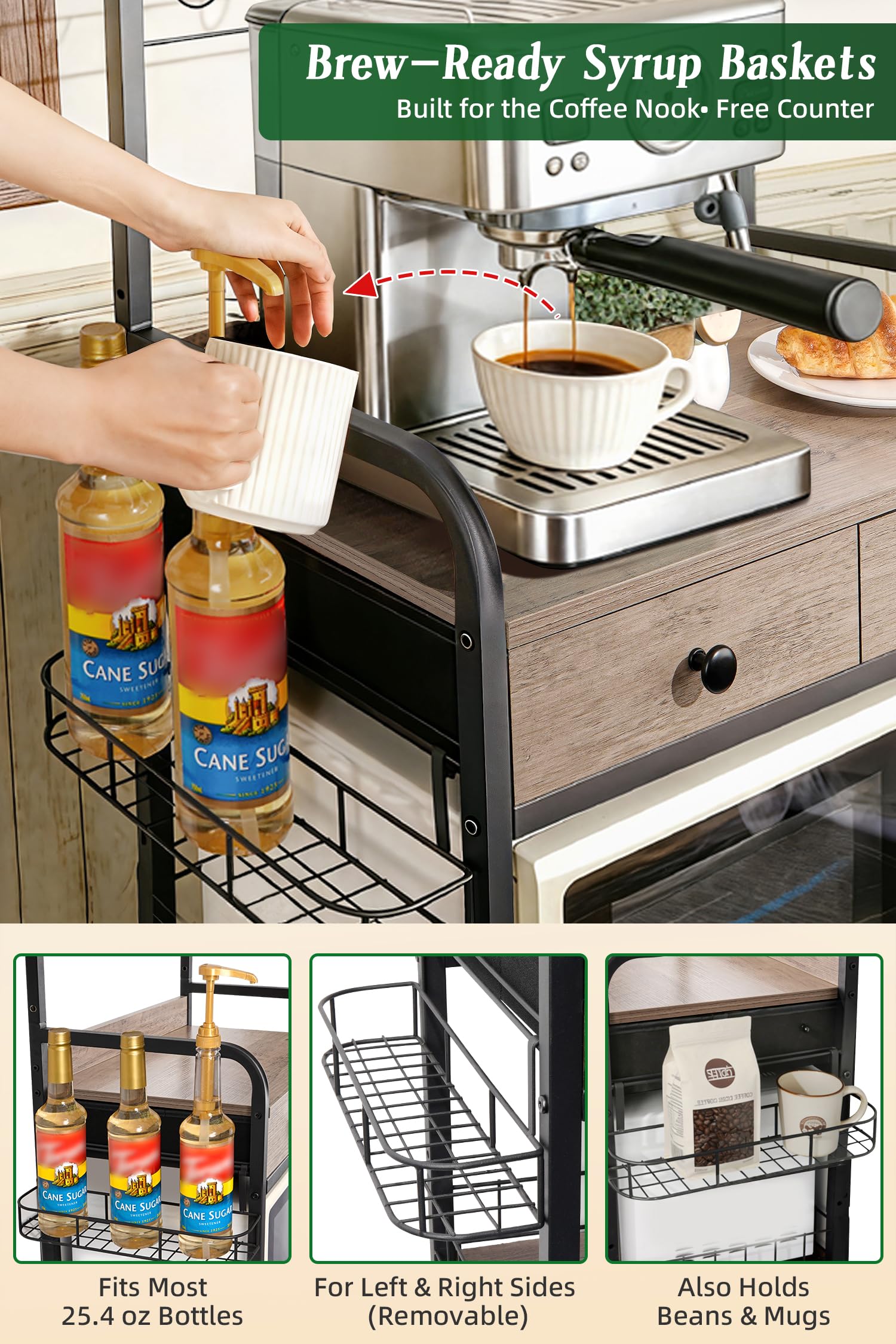 Coffee Bar Cabinet with Storage, Coffee Cart with Wheels, Coffee Station with Coffee Bar Sign and
