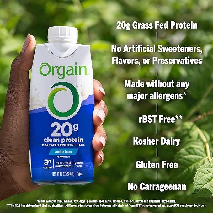 Orgain Clean Protein Shake, Grass Fed Dairy, Vanilla Bean - 20g Whey High Protein, Kosher, Ready to
