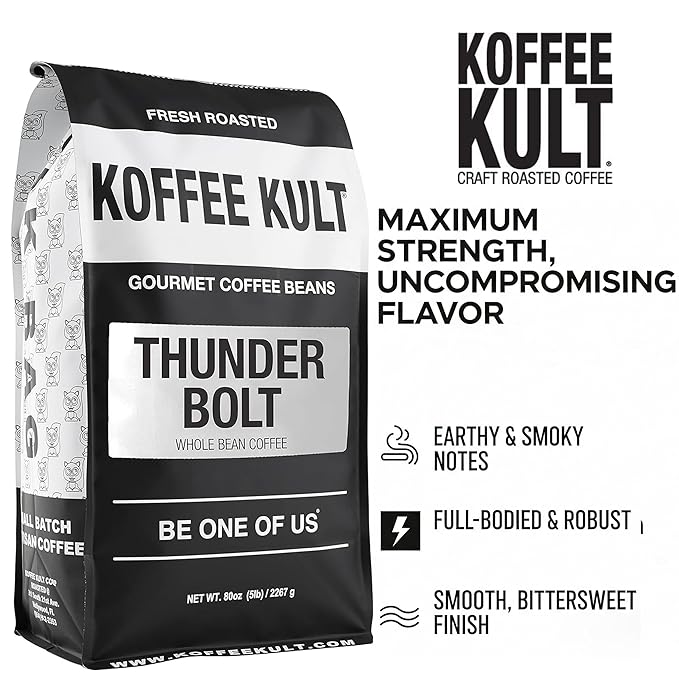 Koffee Kult Thunder Bolt Dark French Roast Whole Bean Coffee - Small Batch 100% Arabica Gourmet