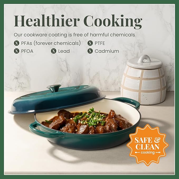 Larder & Vine Enameled Cast Iron Braiser | 3.6 qt Braiser Pan with Lid | Shallow Dutch Oven