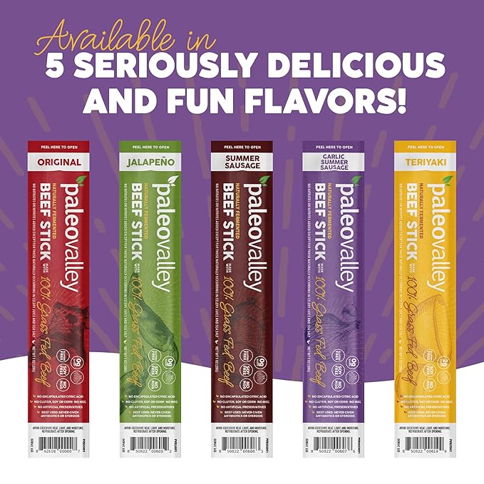 Paleovalley 100% Grass Fed Garlic Summer Sausage Beef Sticks - Delicious Gluten Free Beef Snack
