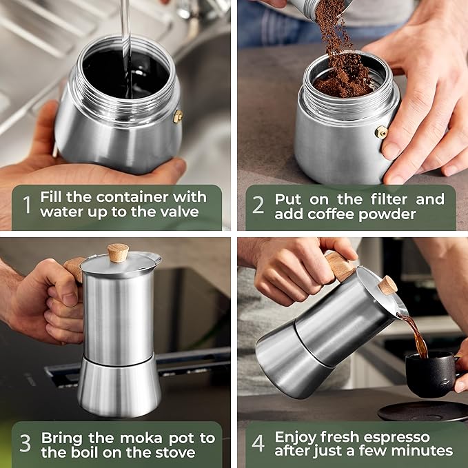 WALDWERK Stainless Steel Moka Pot (10oz) - Toxic Free Moka Pot with Oak Wood Handle - Stovetop
