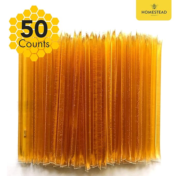 Homestead Honey Native Honey Sticks for Tea - 50-Pack Bulk Packets, Single Serve - Pure Wildflower