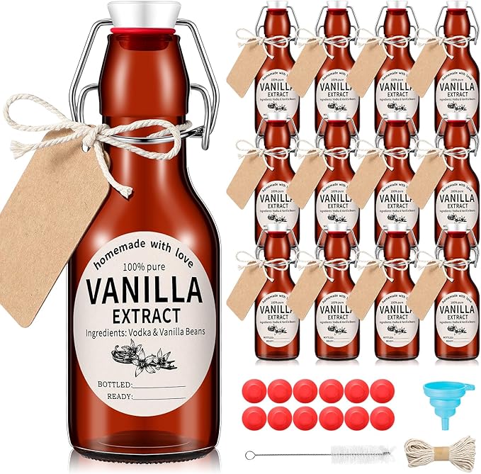 Vesici 12 Sets Swing Top Glass Bottles Set Amber Homemade Vanilla Extract Bottles with Stoppers