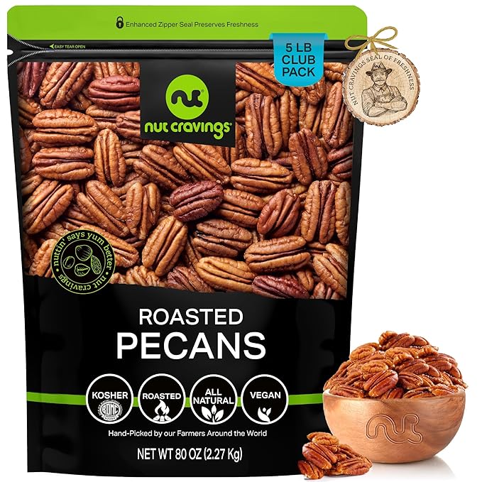 NUT CRAVINGS - Pecans Halves, Roasted & Unsalted, No Shell (80oz - 5 LB) Bulk Nuts Packed Fresh in