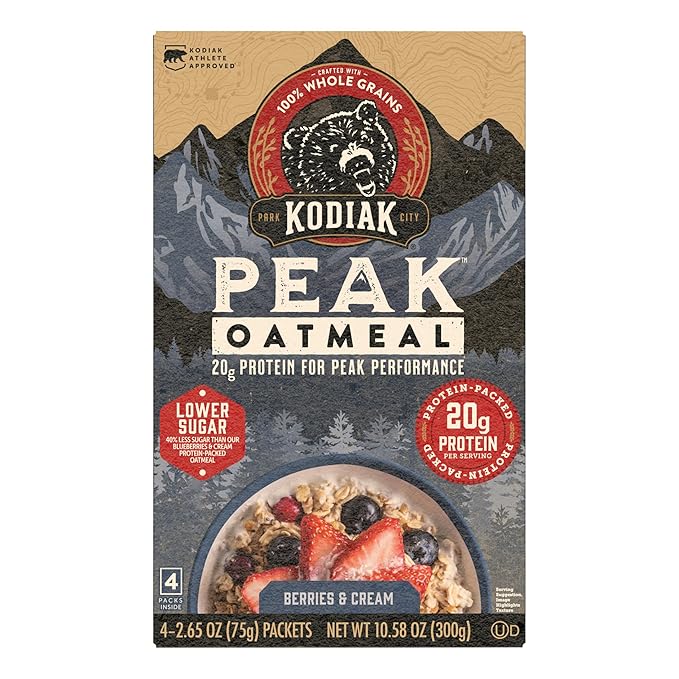 Kodiak Cakes Peak Instant Oatmeal Packets, Berries & Cream, High Protein,100% Whole Grains, 6 box