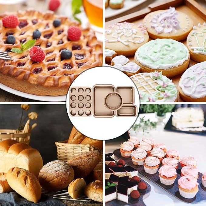 Nonstick Baking Pans Set, 5-Piece Kitchen Baking Sheets for Oven, Bakeware Sets with Round/Square