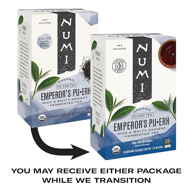 Numi Organic Emperor's Pu-erh Tea, 16 Tea Bags, Aged Fermented Yunnan Black Tea, Caffeinated