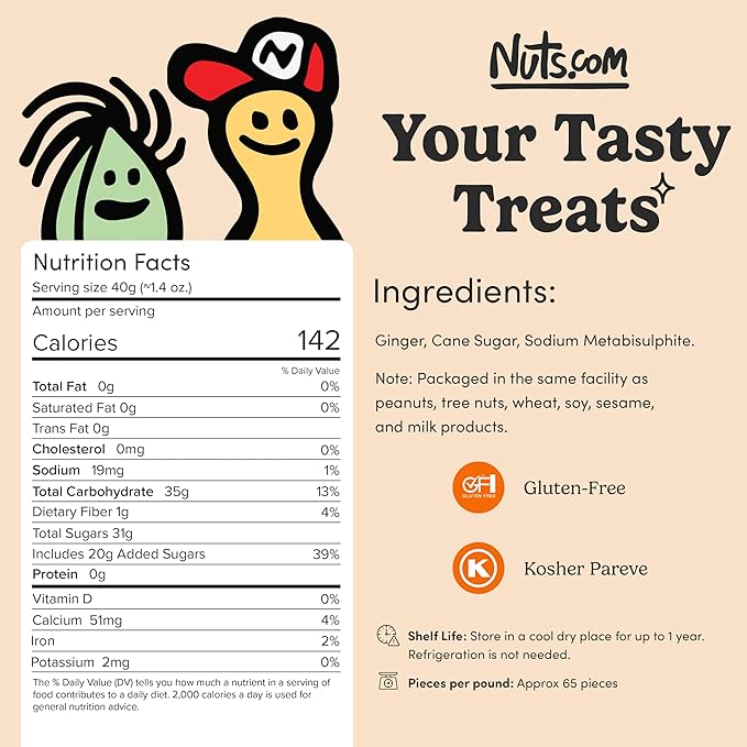 Nuts.com Crystallized Ginger Pieces - Premium Crystallized Ginger Slices - Spicy & Sweet Candied