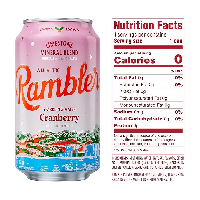AUTX RAMBLER Sparkling Water, Texas Limestone Mineral Blend, Cranberry Flavor, Limited Edition