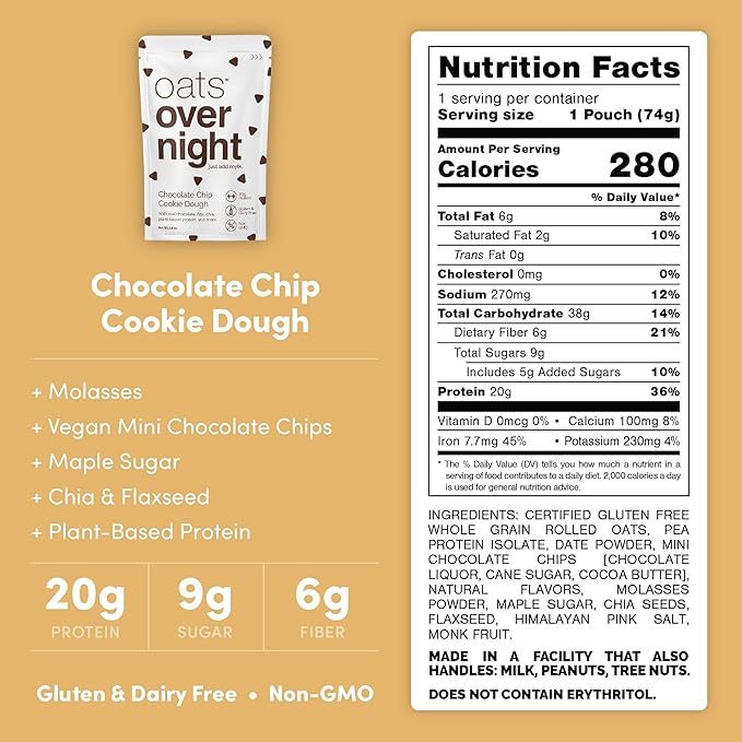 Oats Overnight - Chocolate Chip Cookie Dough - Vegan, 20g Protein, High Fiber Breakfast Shake