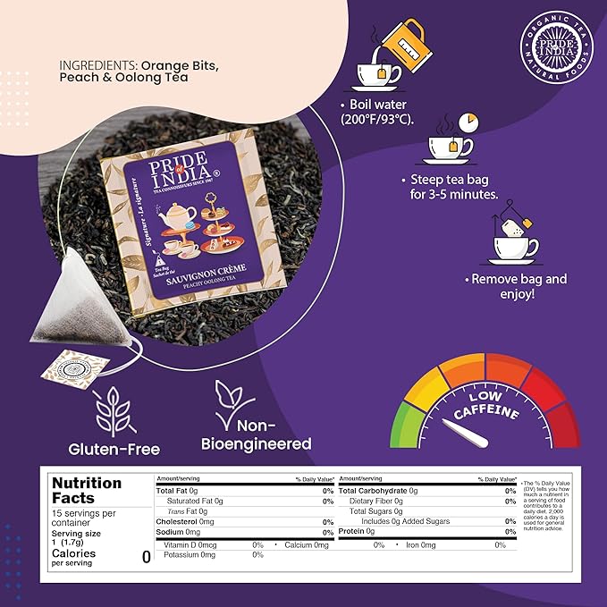 Pride of India | PACK of 6 - Sauvignon Crème Peachy Oolong Tea | 15 Pyramid Full Leaf Individually