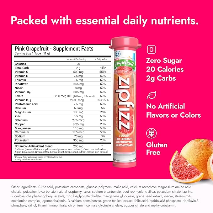 Zipfizz Daily Energy Drink Powder, Pink Grapefruit, 20 Pack | 3-in-1 Sustained Energy, Rapid