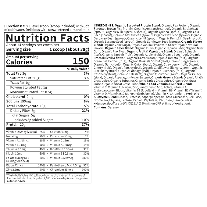 Garden of Life Meal Replacement Shakes, Vegan, Raw, Organic, Lightly Sweet Protein Powder with