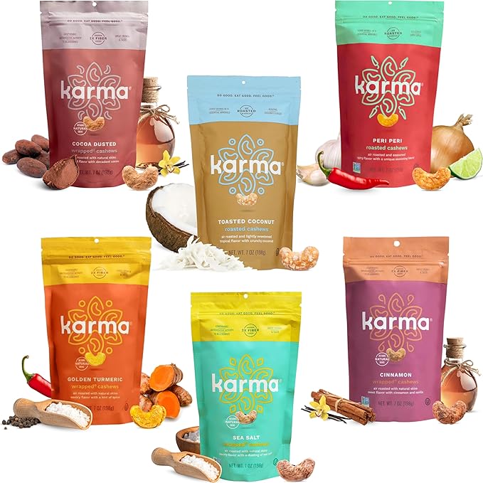 Sample Flavors Variety Pack Cashews by Karma Nuts, Whole, Roasted, Vegan, Non GMO, Gluten Free, Low