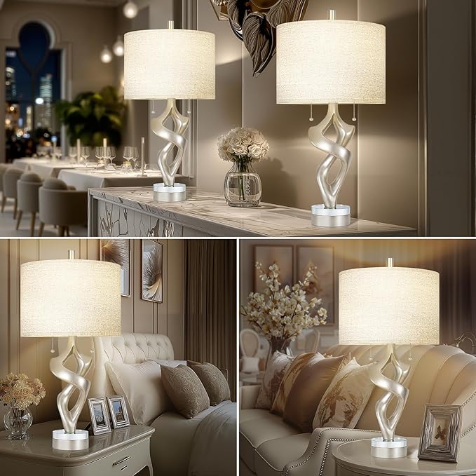 Scenekoy Sculptural Resin Table Lamp Set of 2 with USB Ports for Bedroom Living Room, 26” Antique
