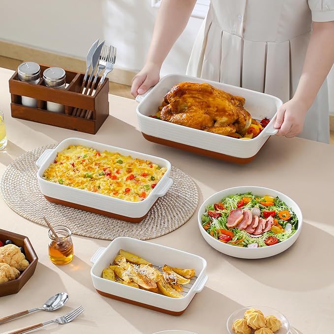 MALACASA Casserole Dishes for Oven with Roasting Racks, Ceramic Baking Dishes Set of 3, Baking Pan