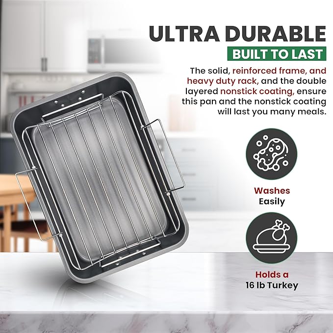 Roasting Pan With Rack 11" x 15" - Non Stick Large Roaster Pan and V-rack with foldable handles