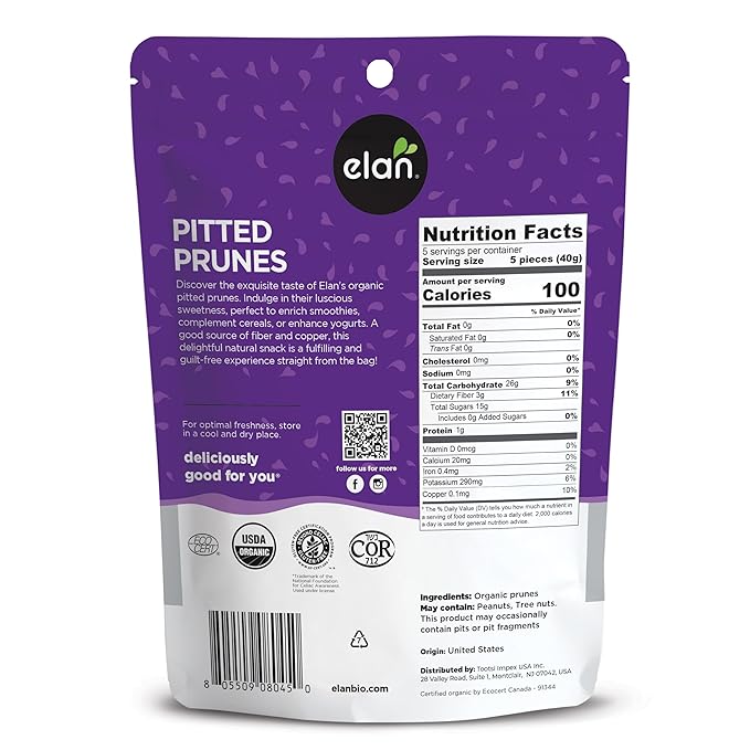 Elan Organic Pitted Prunes, 7.9 oz, Natural Dried Fruit, No Sugar Added, Sulphite-free, Non-GMO