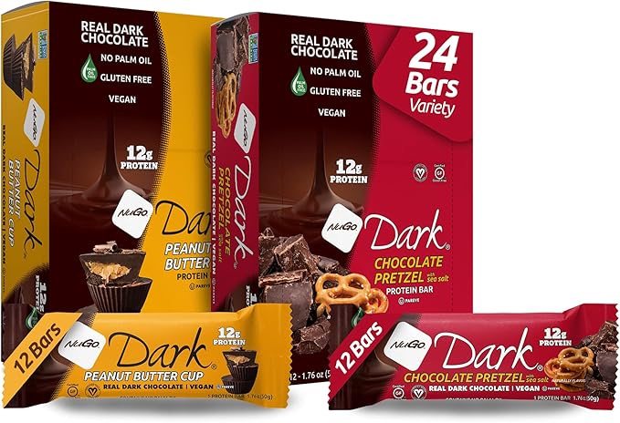 NuGo Dark Variety - Pretzel with Sea Salt 12 Bars & Peanut Butter Cup 12 Bars, 12g Protein Bar