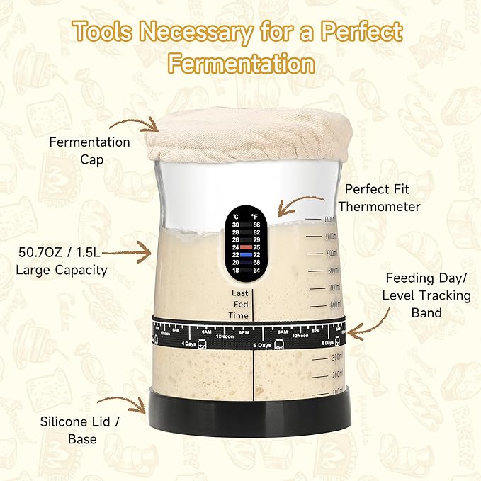 Pro Sourdough Starter Kit- 50oz Large Capacity Sourdough Starter Jar, 17 Flavorful Fermentation