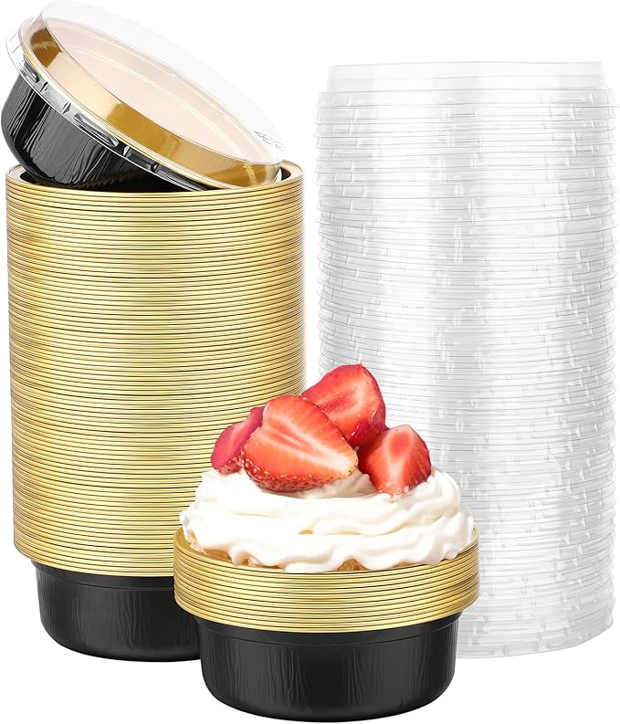 Beasea Disposable Ramekins with Lids, 100 Pack 8.8oz 260ml 4 Inch Round Aluminum Foil Cups