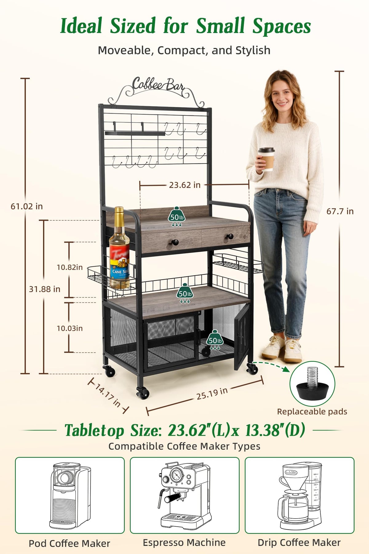 Coffee Bar Cabinet with Storage, Coffee Cart with Wheels, Coffee Station with Coffee Bar Sign and