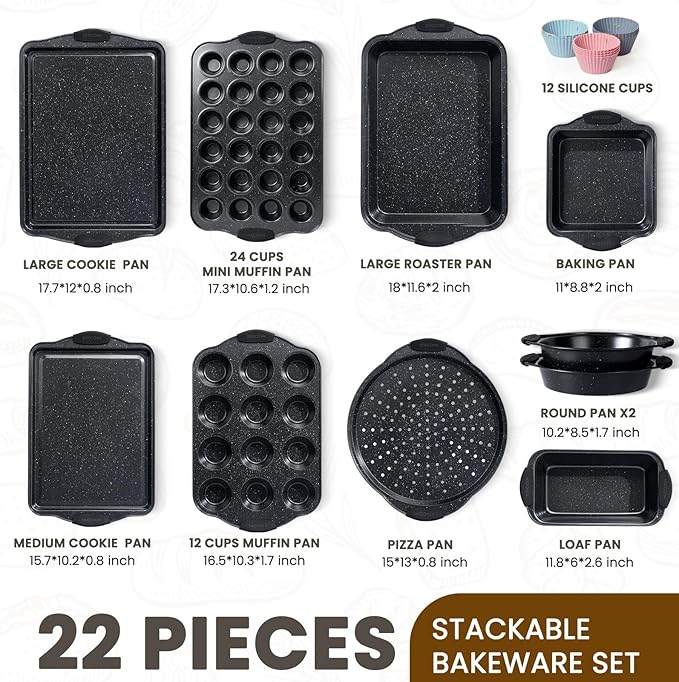 Kikcoin 22 PCS Nonstick Baking Pans Set, Stackable Bakeware Sets with Silicone Handles, 450°F Oven