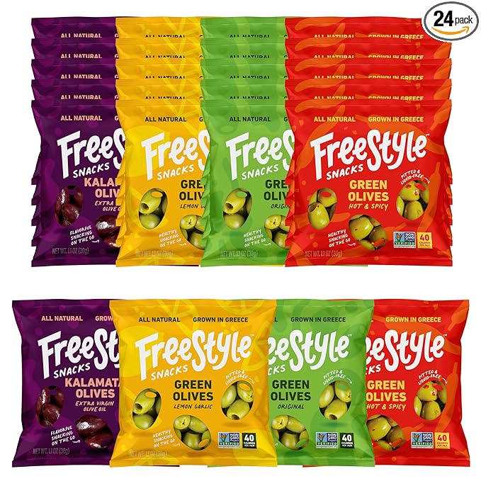 Freestyle Snacks Olive Snack Packs - 24 Pack Variety - Original Green, Hot & Spicy, Lemon Garlic