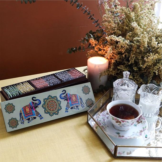 Octavius Gift's Select - Assorted Tea in Elephant Printed Wooden Box | 6 Flavors Black & Green, 60